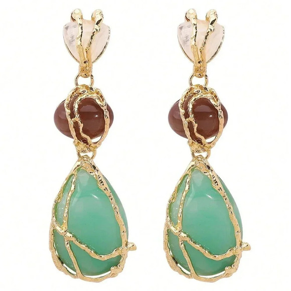 Women's Boho Statement Resin Stone Long Dangle Earrings - Picture 3 of 4